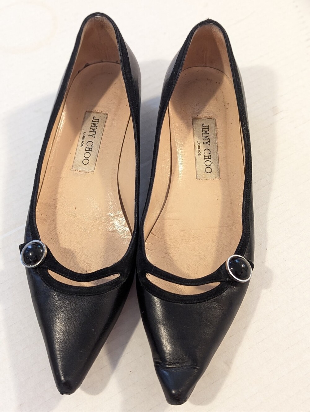 Jimmy Choo Black Leather Low Heel Flats '60s Style Pointed Toe 38 US 7.5 Vtg